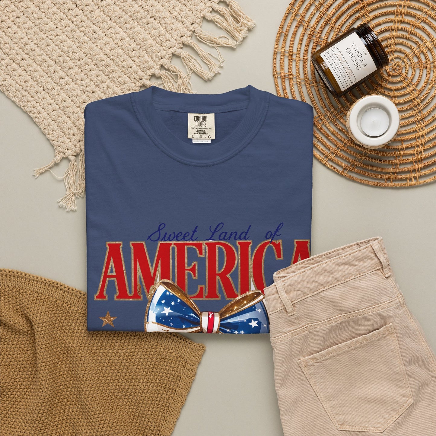 America Cherry Patriotic T-Shirt — "Sweet Land of America" Vintage Bow Design