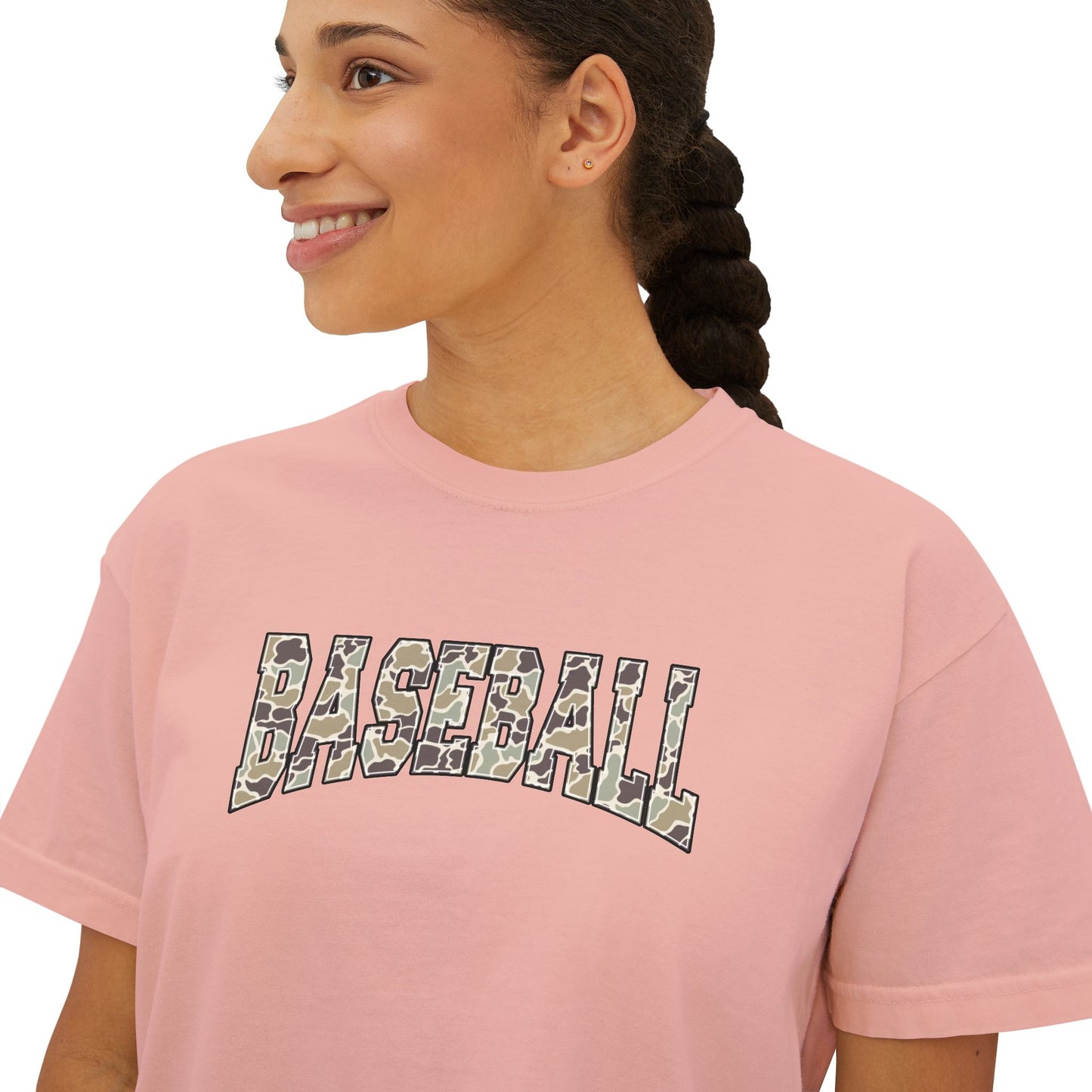 Baseball Camo Boxy Tee — Women's Cropped Casual Shirt