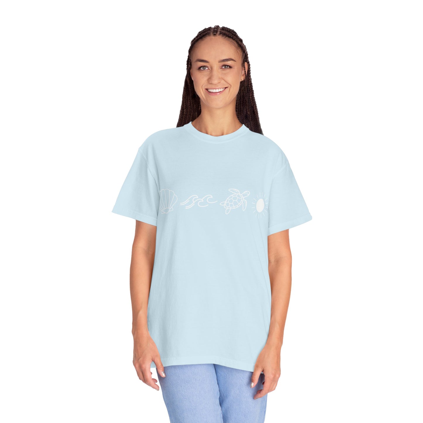 Sea Life Icons T-Shirt — Shell, Waves, Turtle & Sun Graphic Tee