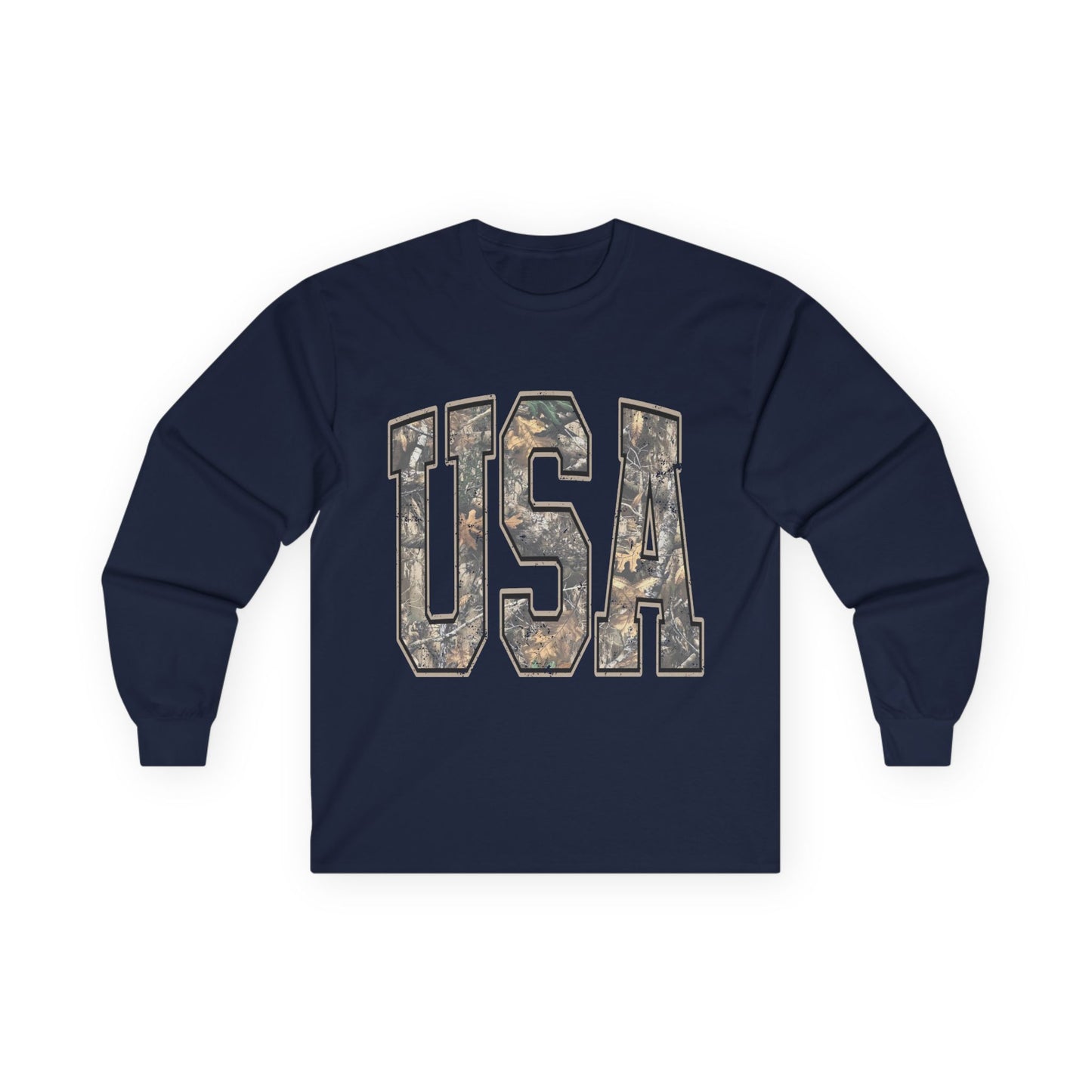 USA Camo Long Sleeve Tee — Patriotic Military Camouflage Graphic Shirt