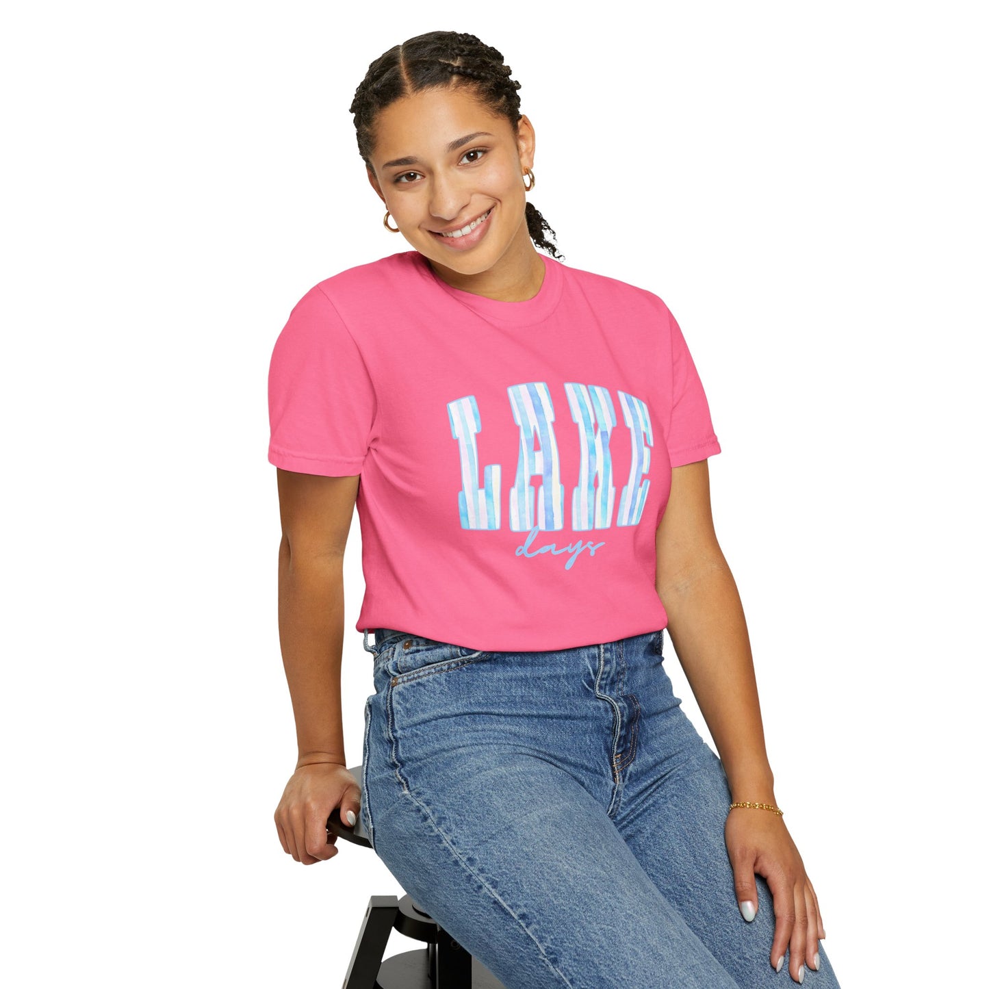 T-Shirt — "Lake Days" Blue Striped Graphic Tee