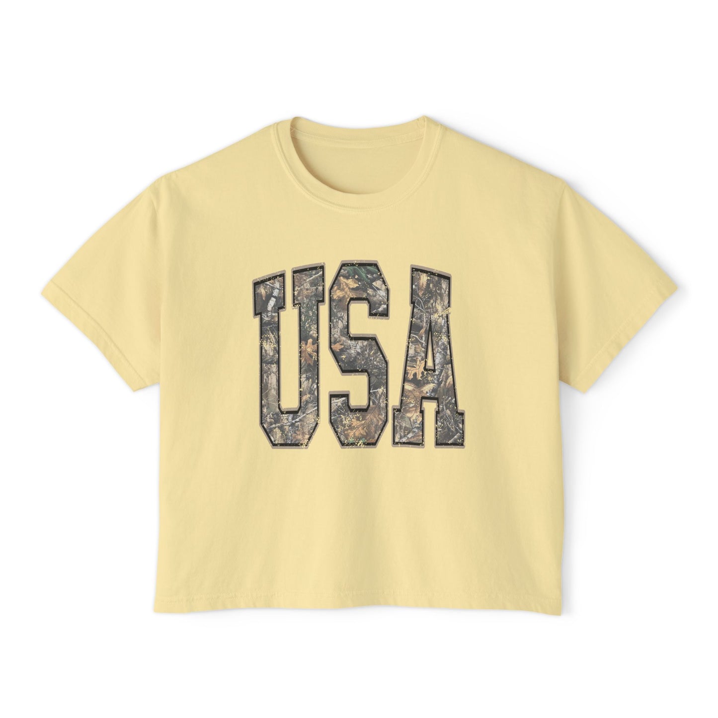 USA Camo Boxy Tee — Women's Patriotic Crop T-Shirt