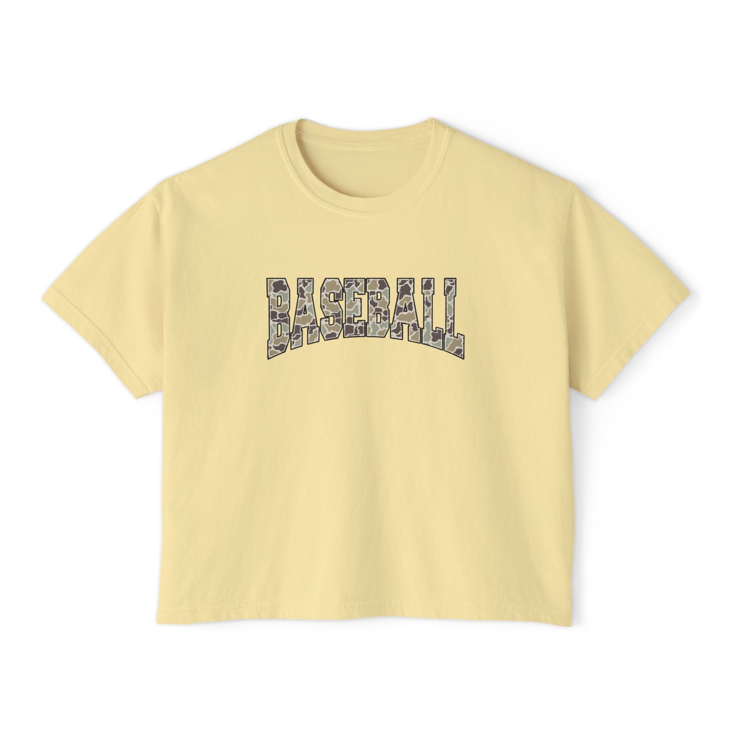 Baseball Camo Boxy Tee — Women's Cropped Casual Shirt