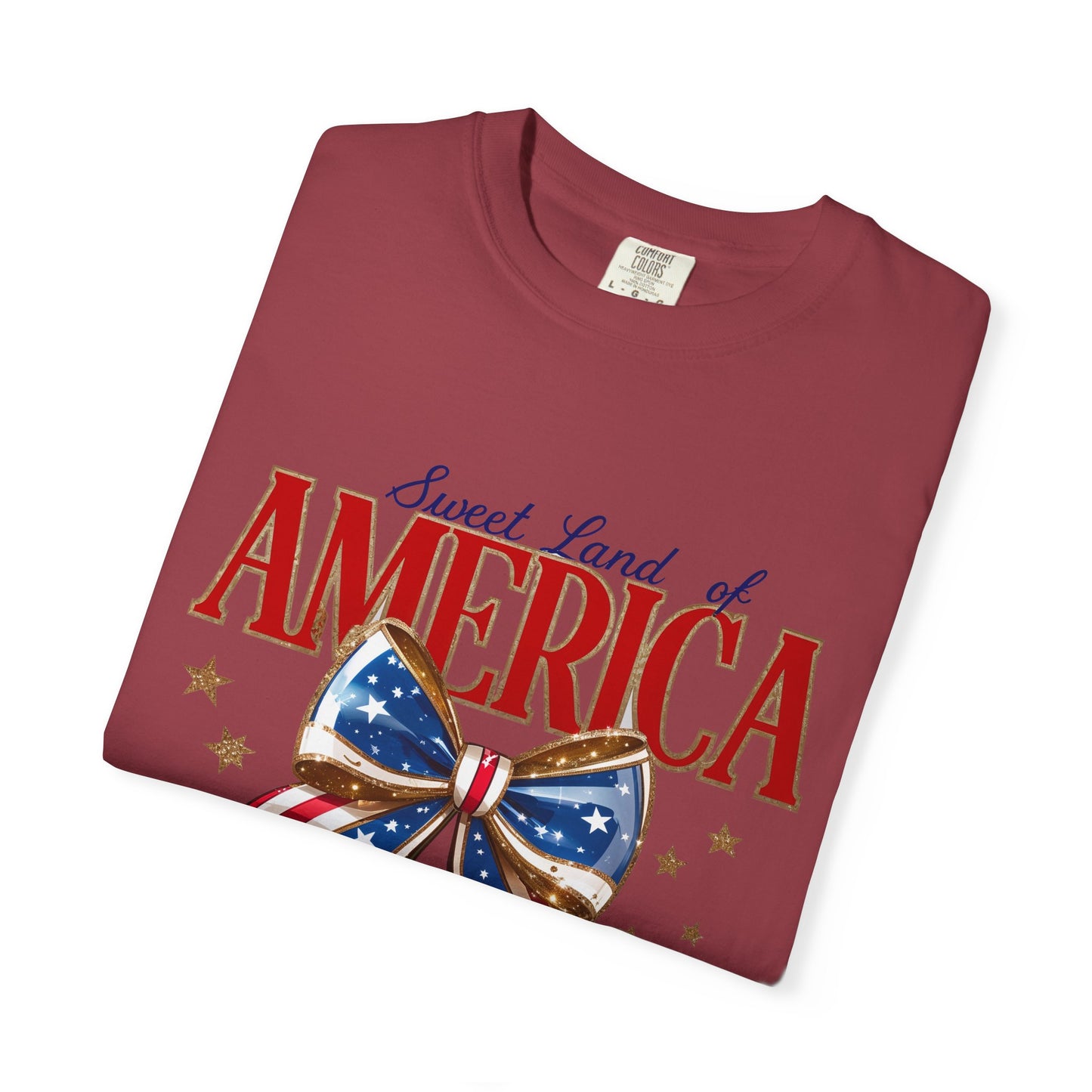 America Cherry Patriotic T-Shirt — "Sweet Land of America" Vintage Bow Design