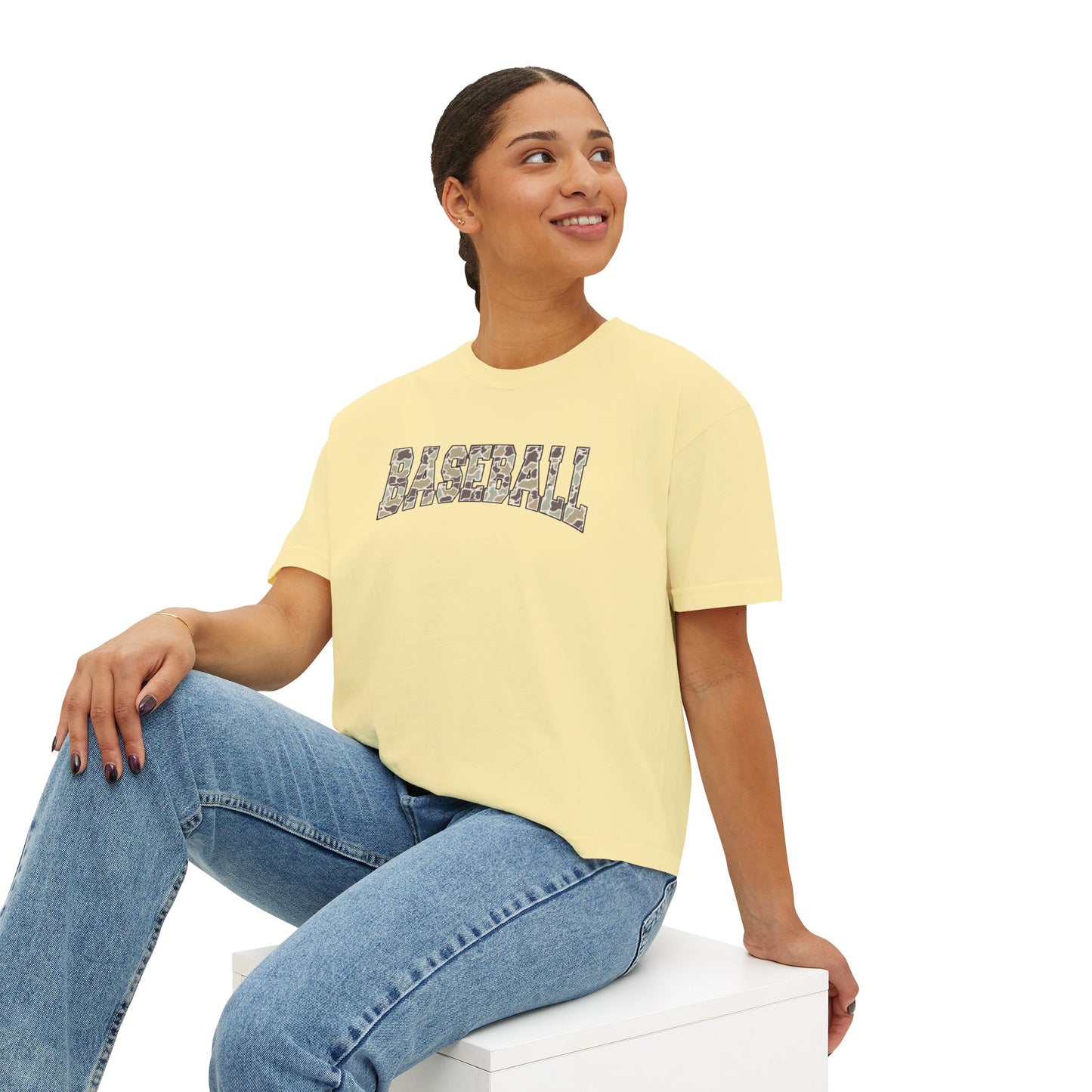 Baseball Camo Boxy Tee — Women's Cropped Casual Shirt