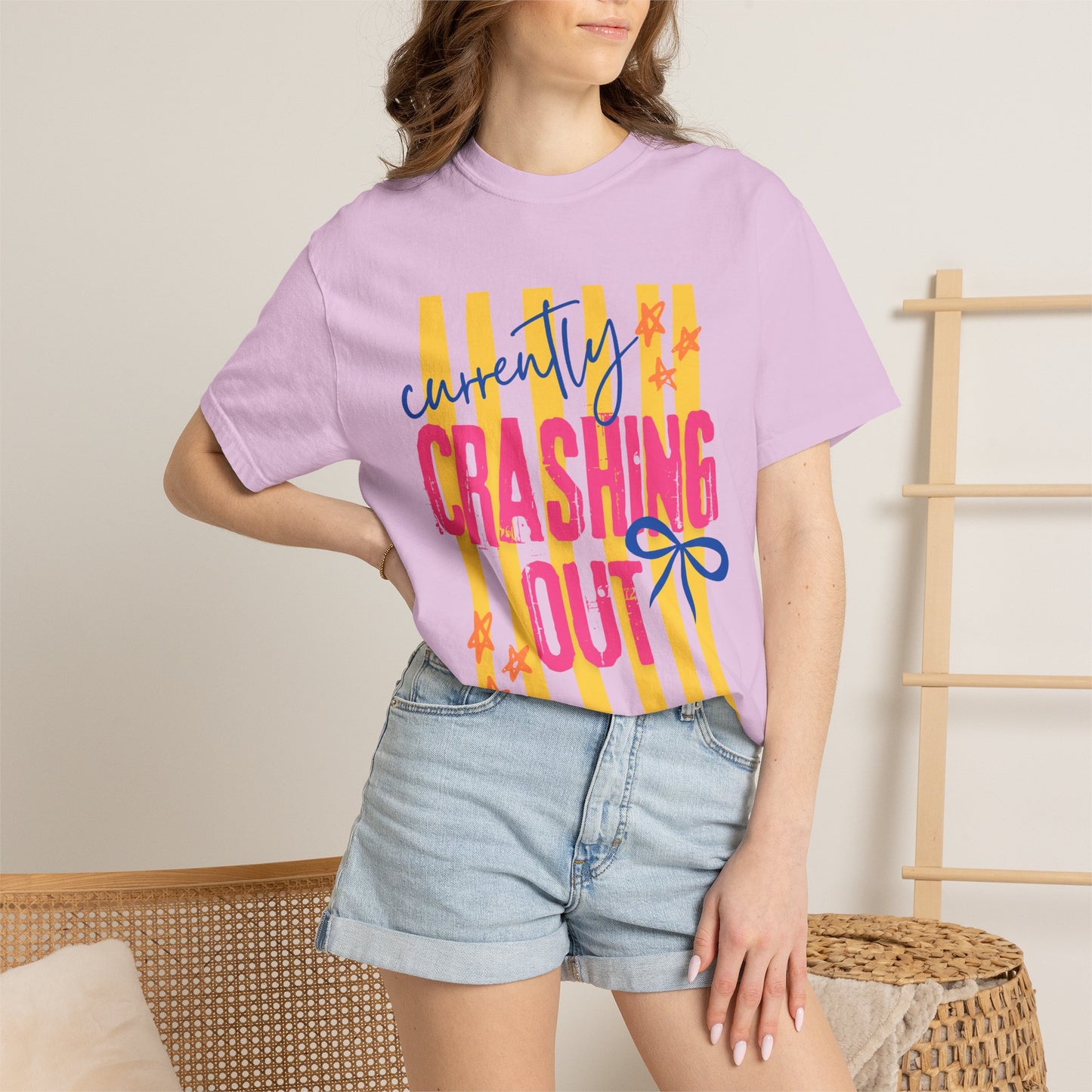 Crashing Out Graphic T‑Shirt — "Currently Crashing Out" Colorful Stripes & Bow Tee