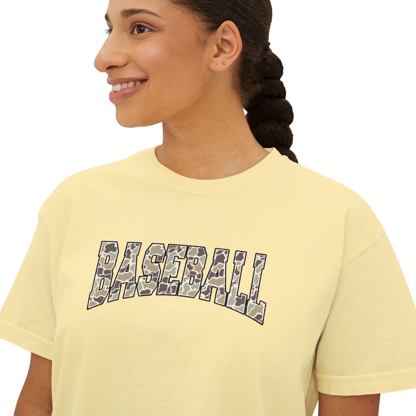 Baseball Camo Boxy Tee — Women's Cropped Casual Shirt