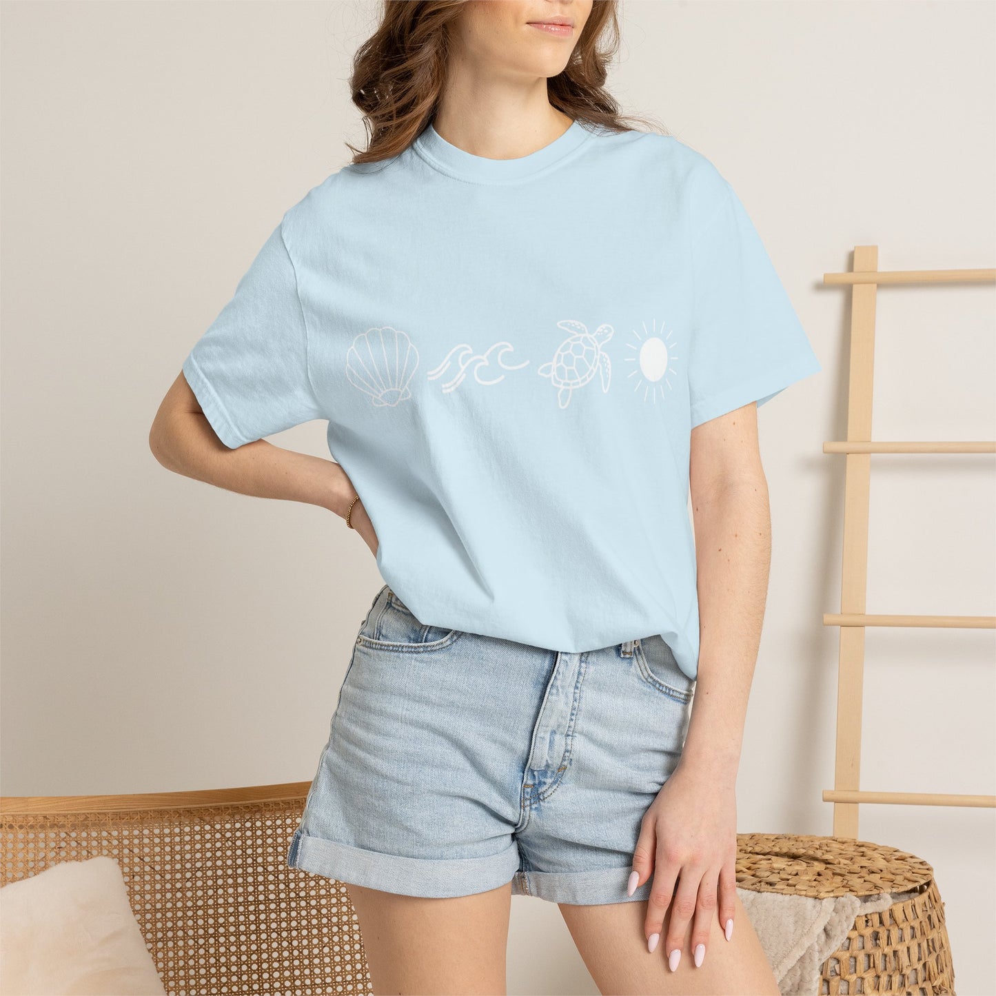 Sea Life Icons T-Shirt — Shell, Waves, Turtle & Sun Graphic Tee