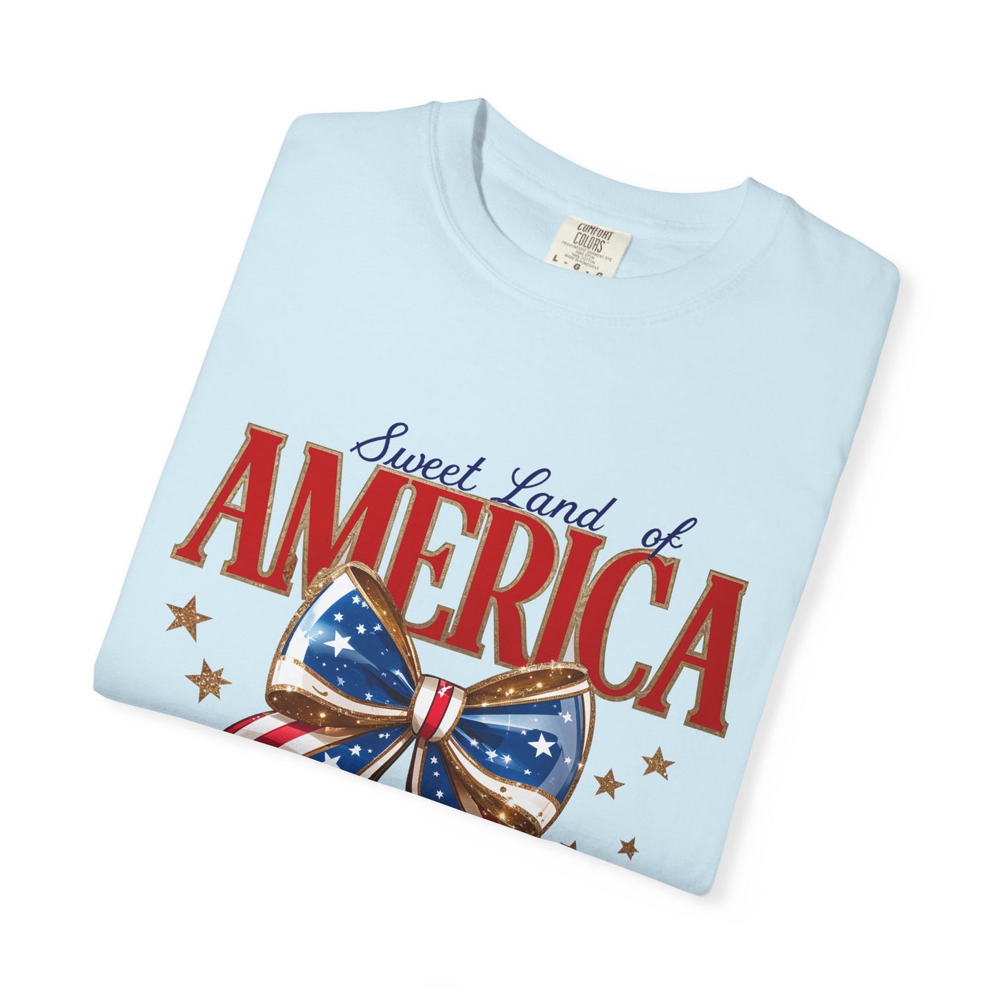 America Cherry Patriotic T-Shirt — "Sweet Land of America" Vintage Bow Design