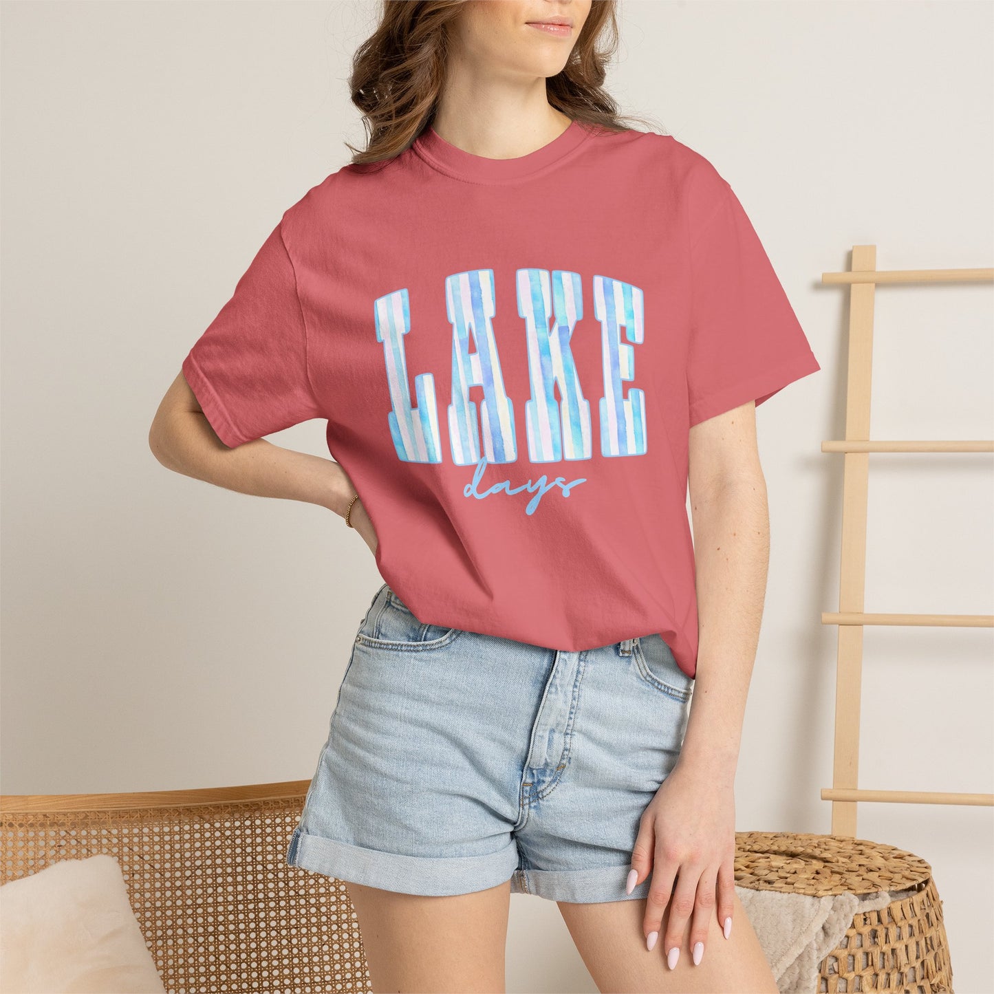 T-Shirt — "Lake Days" Blue Striped Graphic Tee