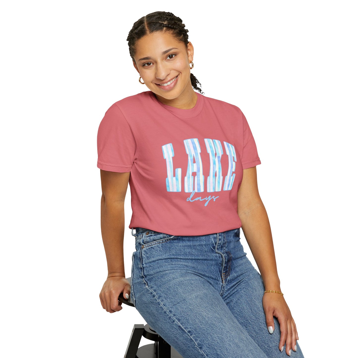 T-Shirt — "Lake Days" Blue Striped Graphic Tee