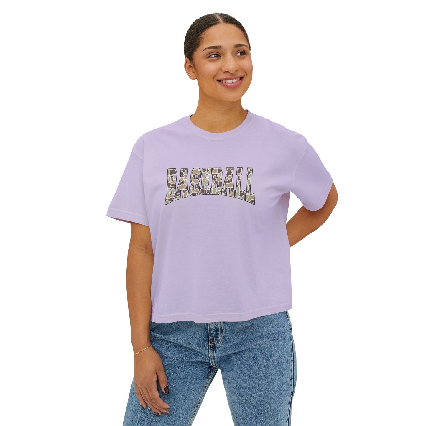 Baseball Camo Boxy Tee — Women's Cropped Casual Shirt