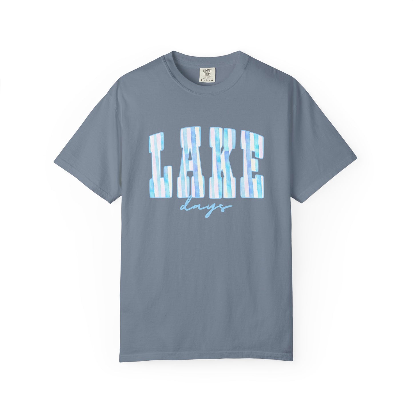 T-Shirt — "Lake Days" Blue Striped Graphic Tee