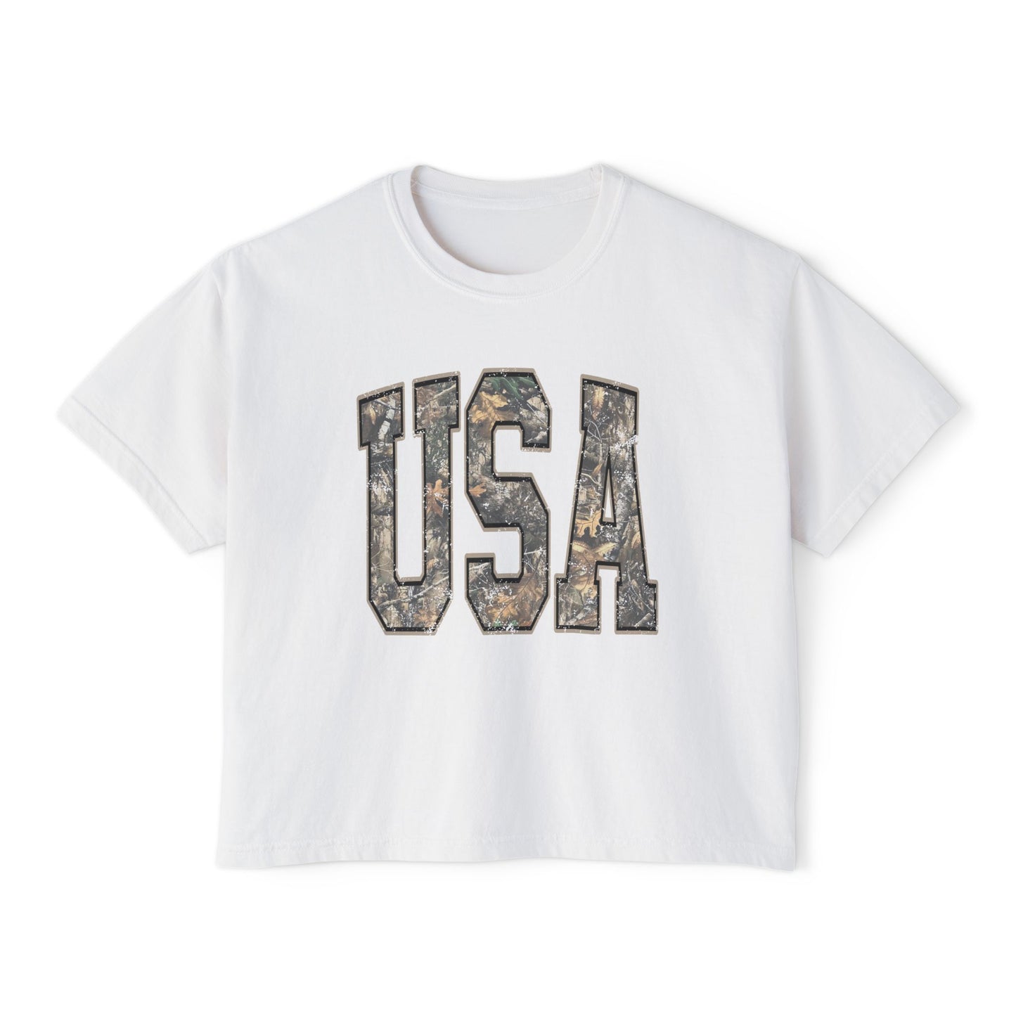 USA Camo Boxy Tee — Women's Patriotic Crop T-Shirt