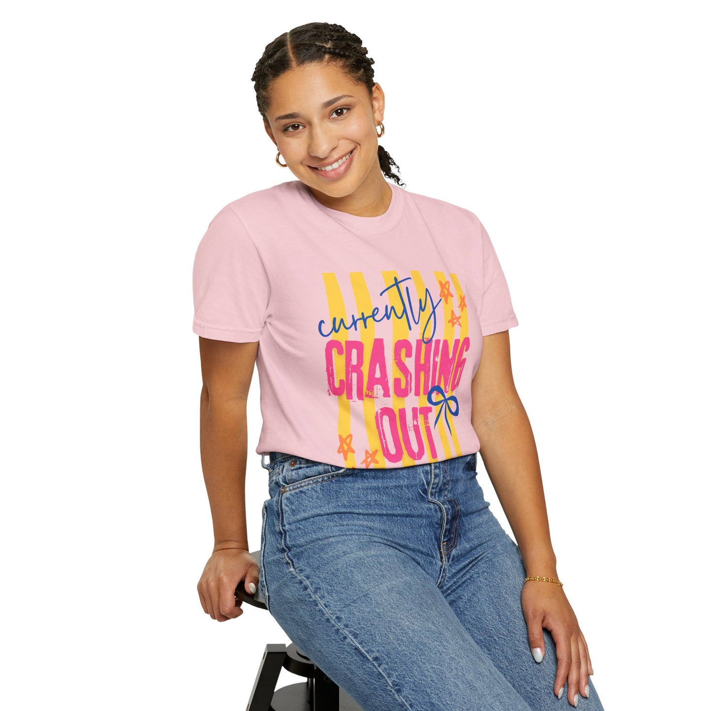Crashing Out Graphic T‑Shirt — "Currently Crashing Out" Colorful Stripes & Bow Tee