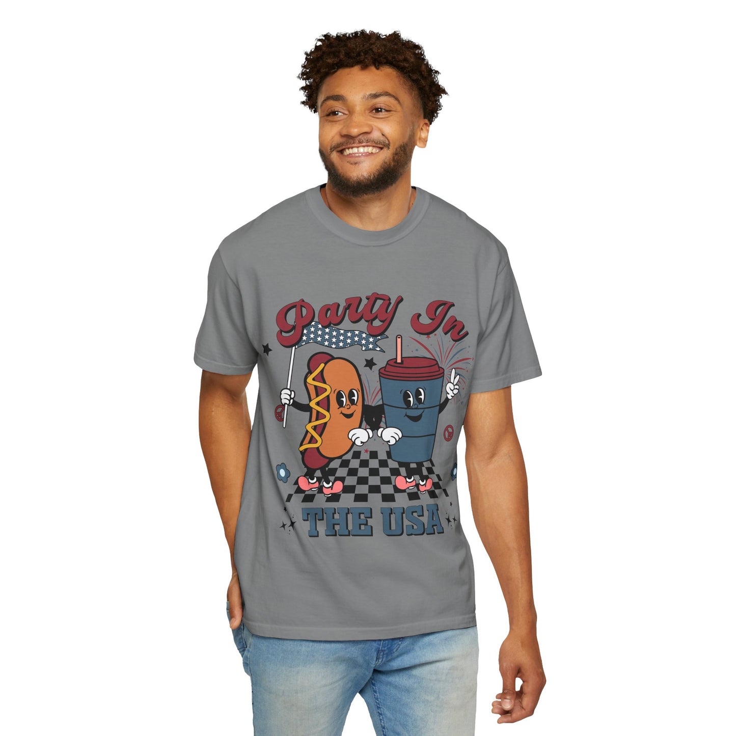 T-Shirt — "Party In The USA" Hot Dog & Soda Retro Graphic Tee