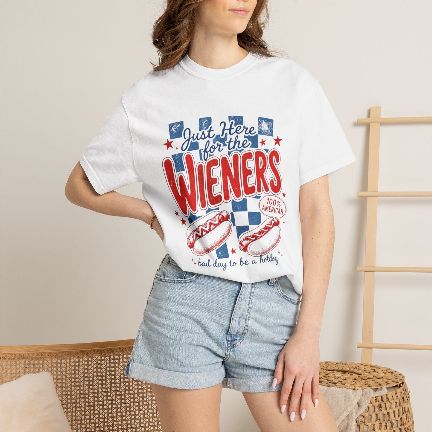 Just Here for the Wieners T-Shirt — Patriotic Hot Dog BBQ Tee