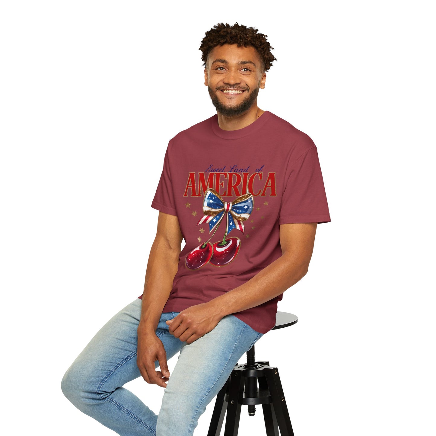 America Cherry Patriotic T-Shirt — "Sweet Land of America" Vintage Bow Design