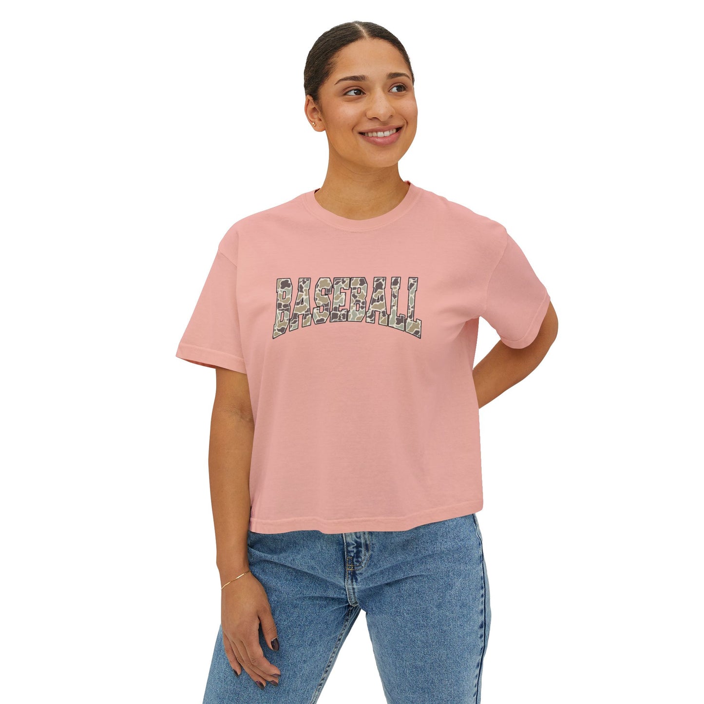 Baseball Camo Boxy Tee — Women's Cropped Casual Shirt