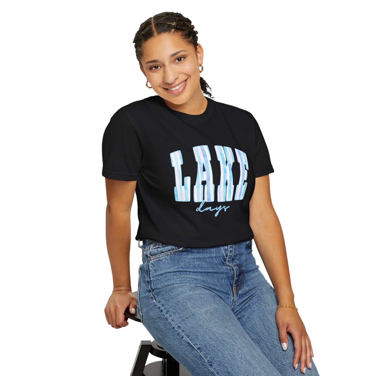 T-Shirt — "Lake Days" Blue Striped Graphic Tee