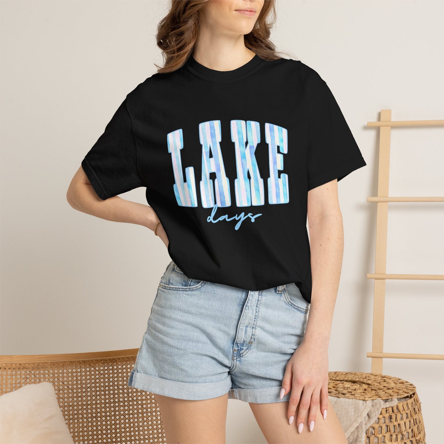 T-Shirt — "Lake Days" Blue Striped Graphic Tee