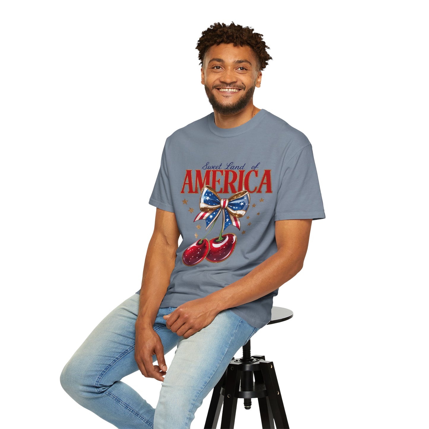 America Cherry Patriotic T-Shirt — "Sweet Land of America" Vintage Bow Design