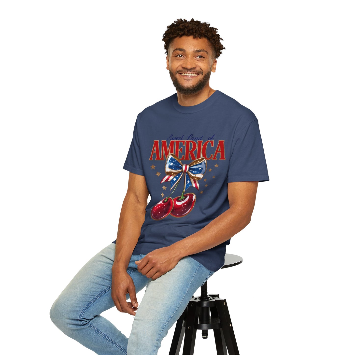 America Cherry Patriotic T-Shirt — "Sweet Land of America" Vintage Bow Design
