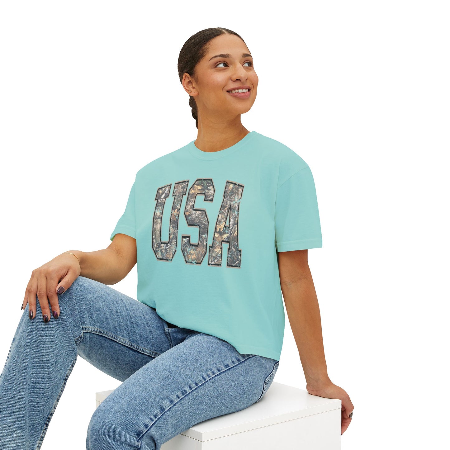 USA Camo Boxy Tee — Women's Patriotic Crop T-Shirt