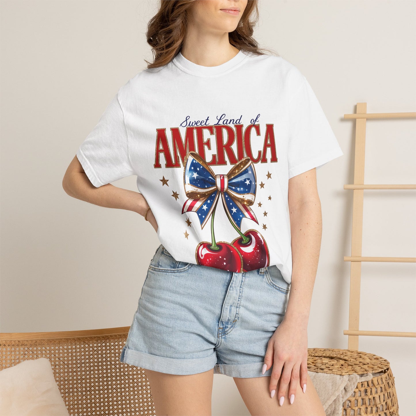 America Cherry Patriotic T-Shirt — "Sweet Land of America" Vintage Bow Design