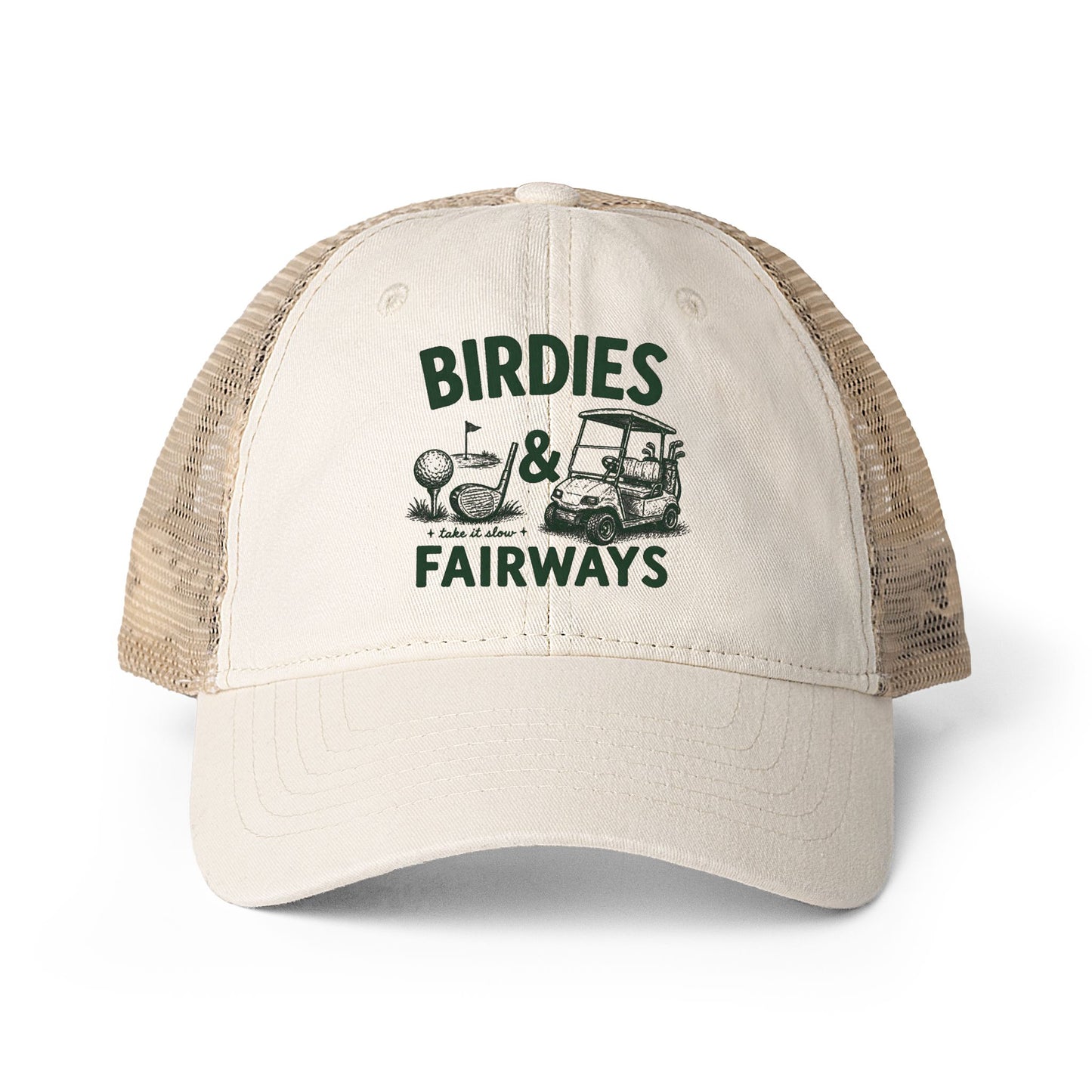 Women's Washed Mesh-Back Golf Cap- Birdies & Fairways
