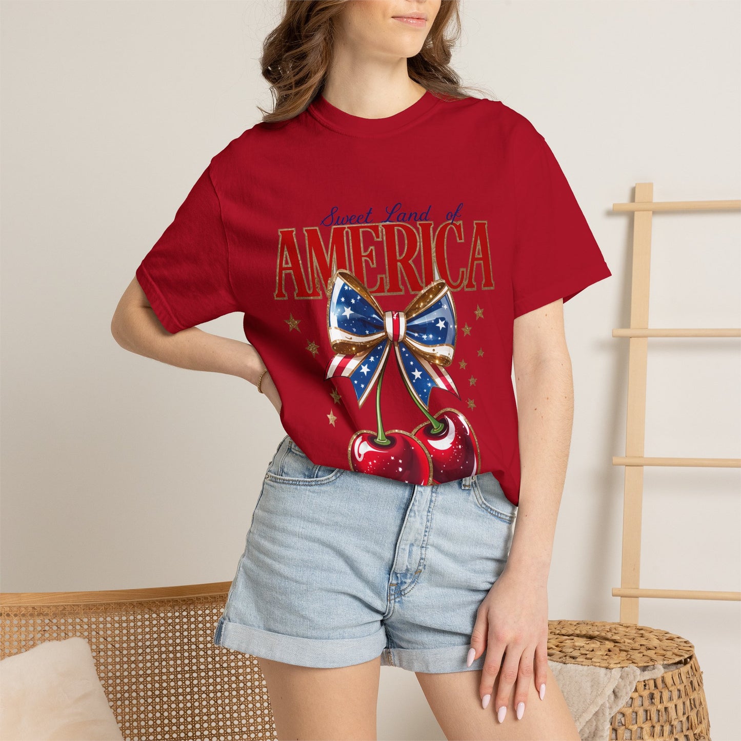 America Cherry Patriotic T-Shirt — "Sweet Land of America" Vintage Bow Design