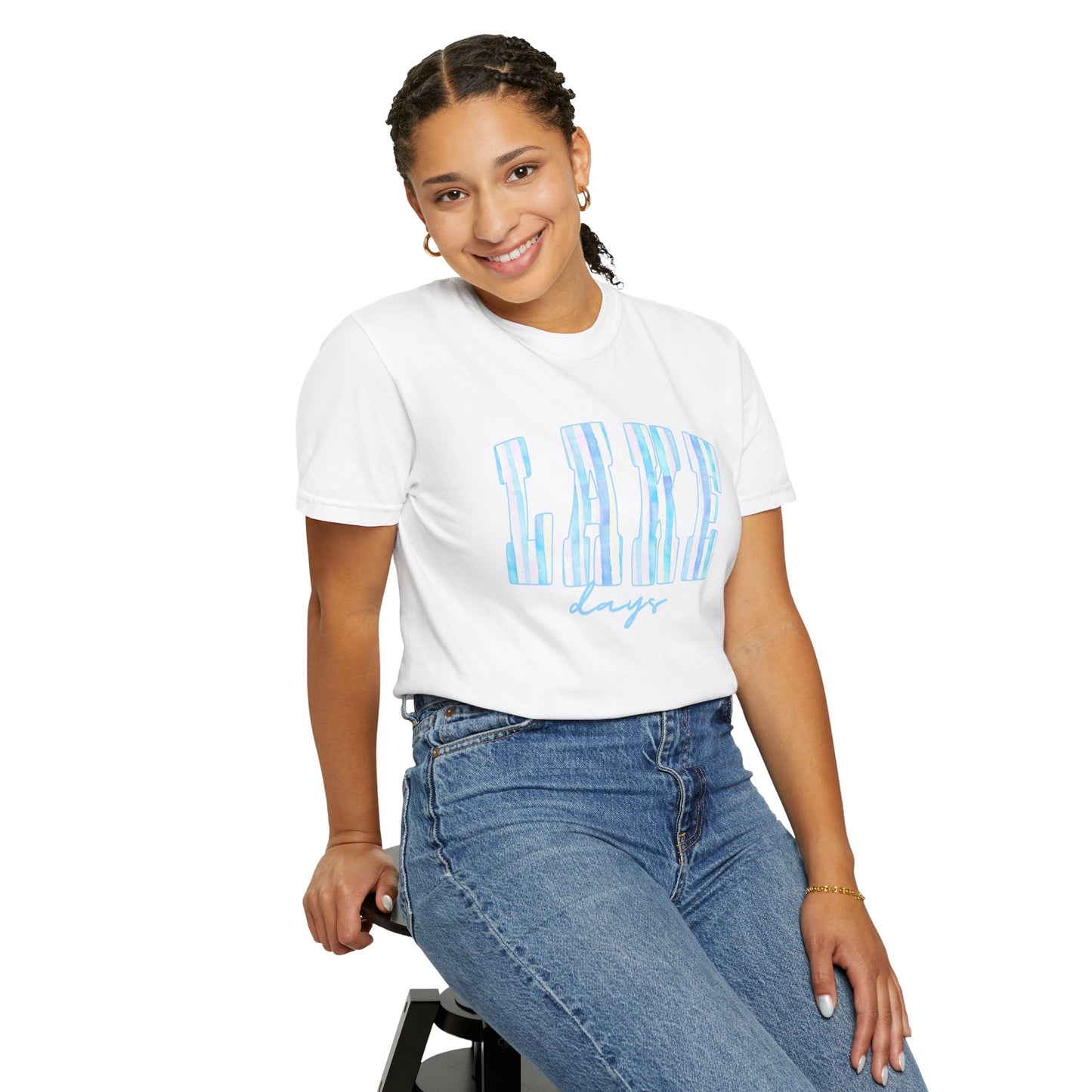 T-Shirt — "Lake Days" Blue Striped Graphic Tee