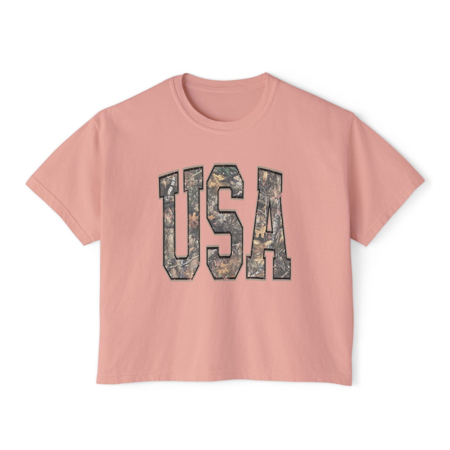 USA Camo Boxy Tee — Women's Patriotic Crop T-Shirt