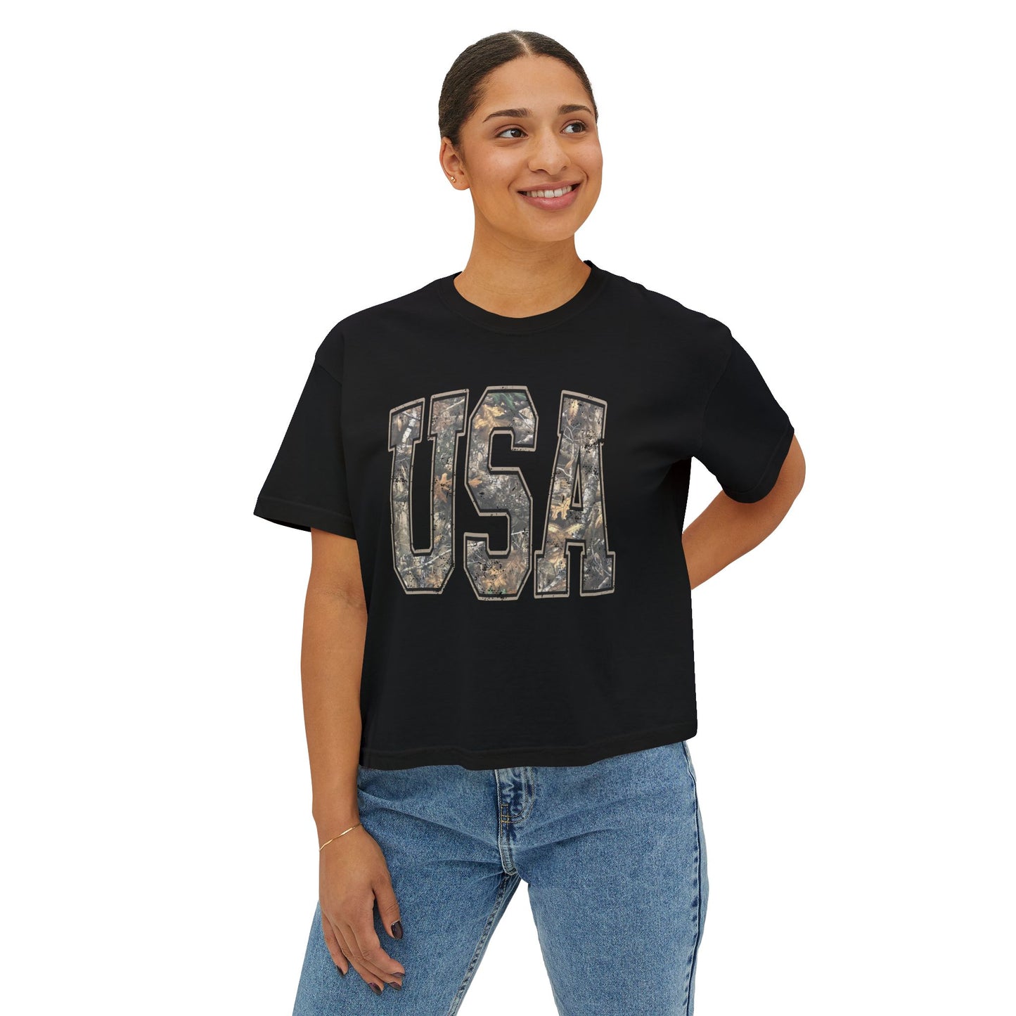 USA Camo Boxy Tee — Women's Patriotic Crop T-Shirt