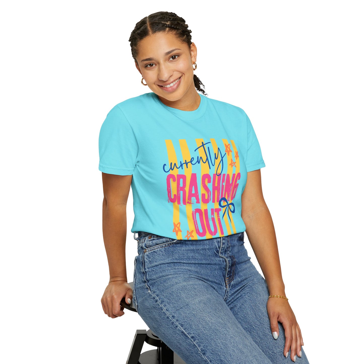 Crashing Out Graphic T‑Shirt — "Currently Crashing Out" Colorful Stripes & Bow Tee