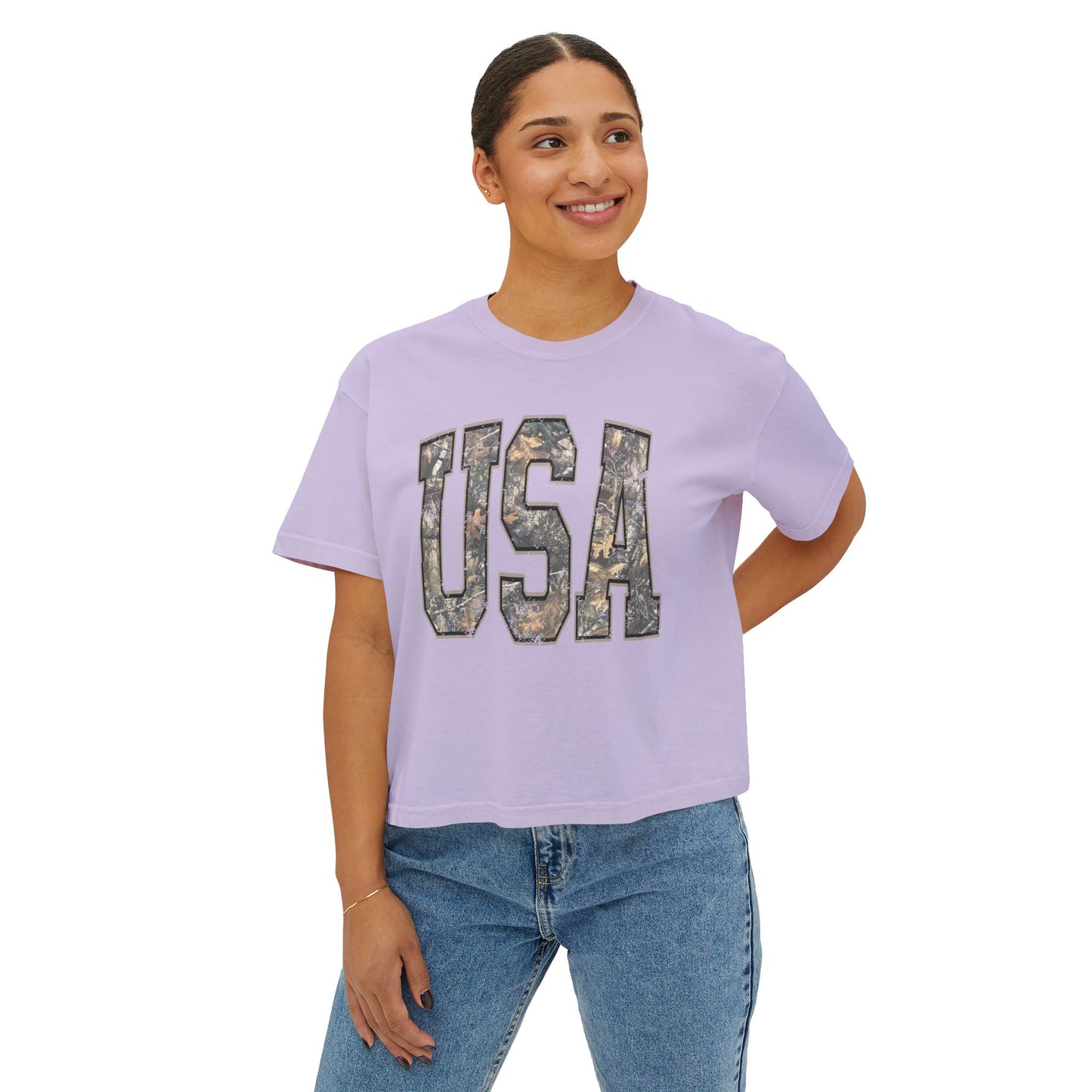 USA Camo Boxy Tee — Women's Patriotic Crop T-Shirt