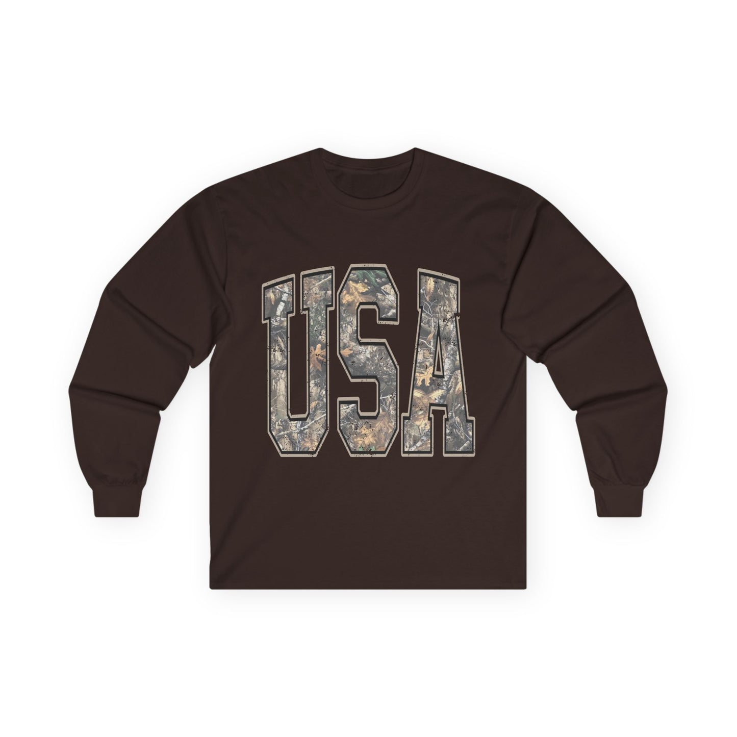 USA Camo Long Sleeve Tee — Patriotic Military Camouflage Graphic Shirt
