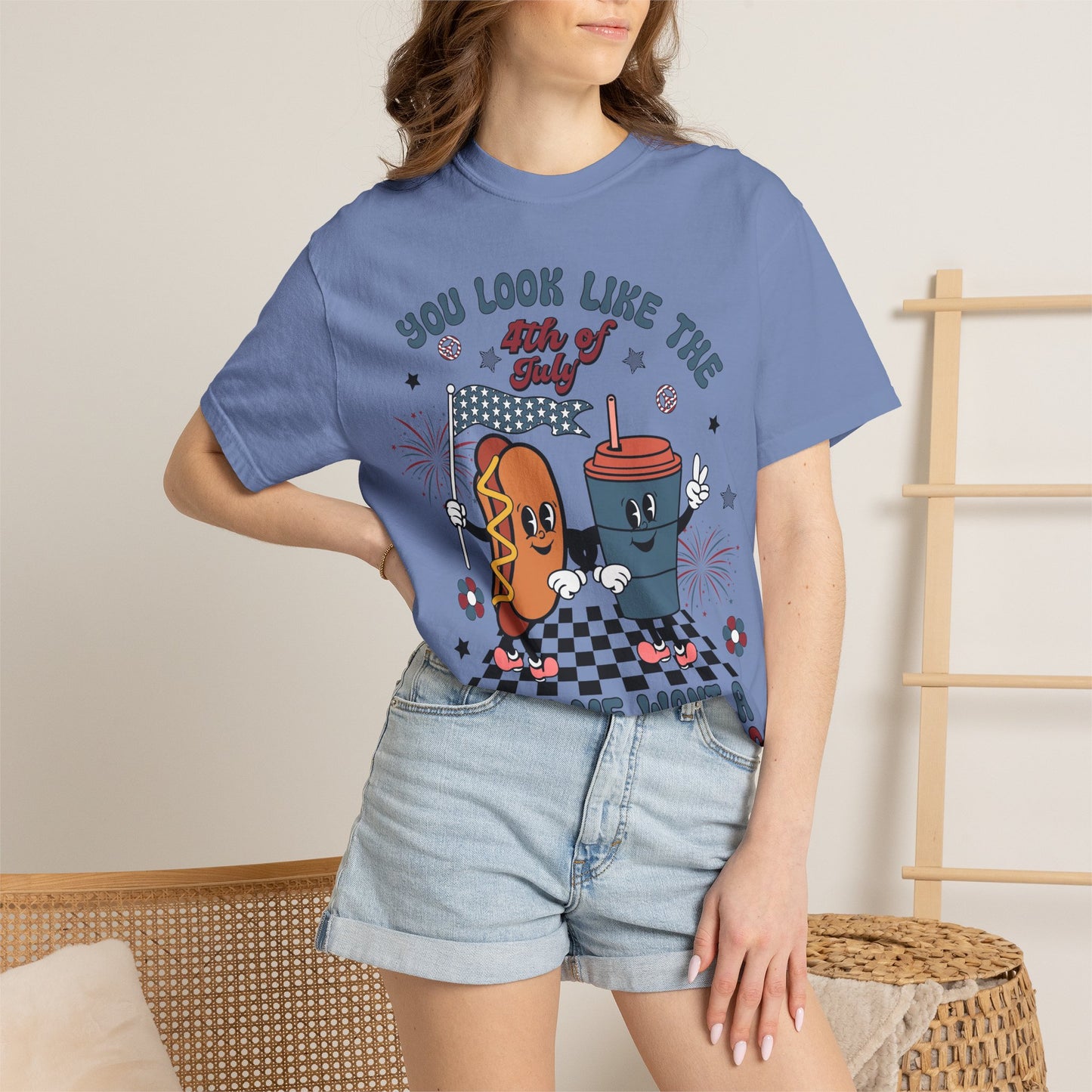 4th of July Hot Dog & Drink Graphic T‑Shirt — "You Look Like the 4th of July Make Me Want a Hot Dog Real Bad"