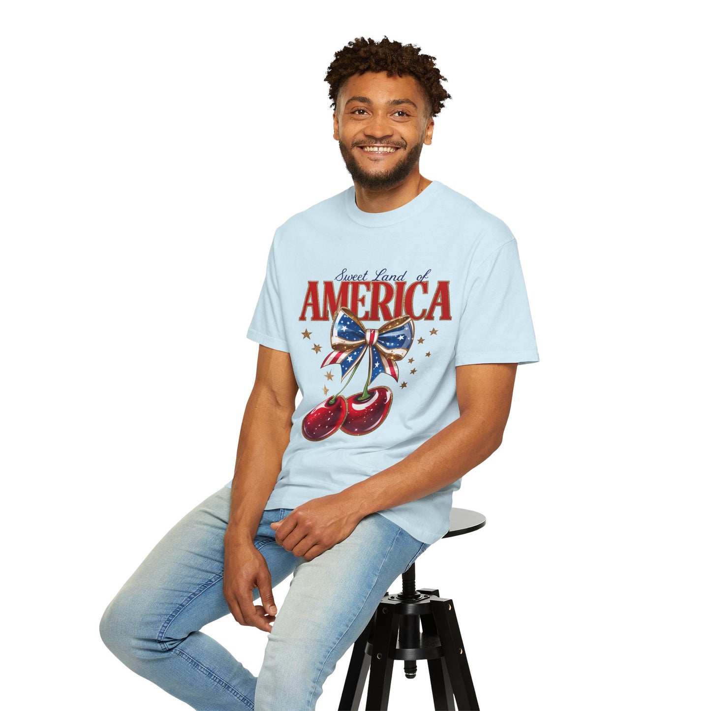 America Cherry Patriotic T-Shirt — "Sweet Land of America" Vintage Bow Design
