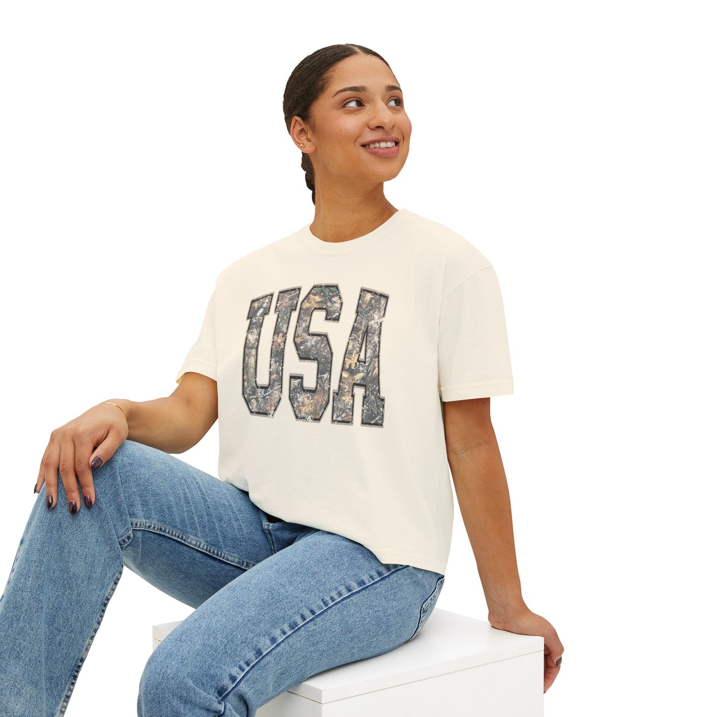 USA Camo Boxy Tee — Women's Patriotic Crop T-Shirt