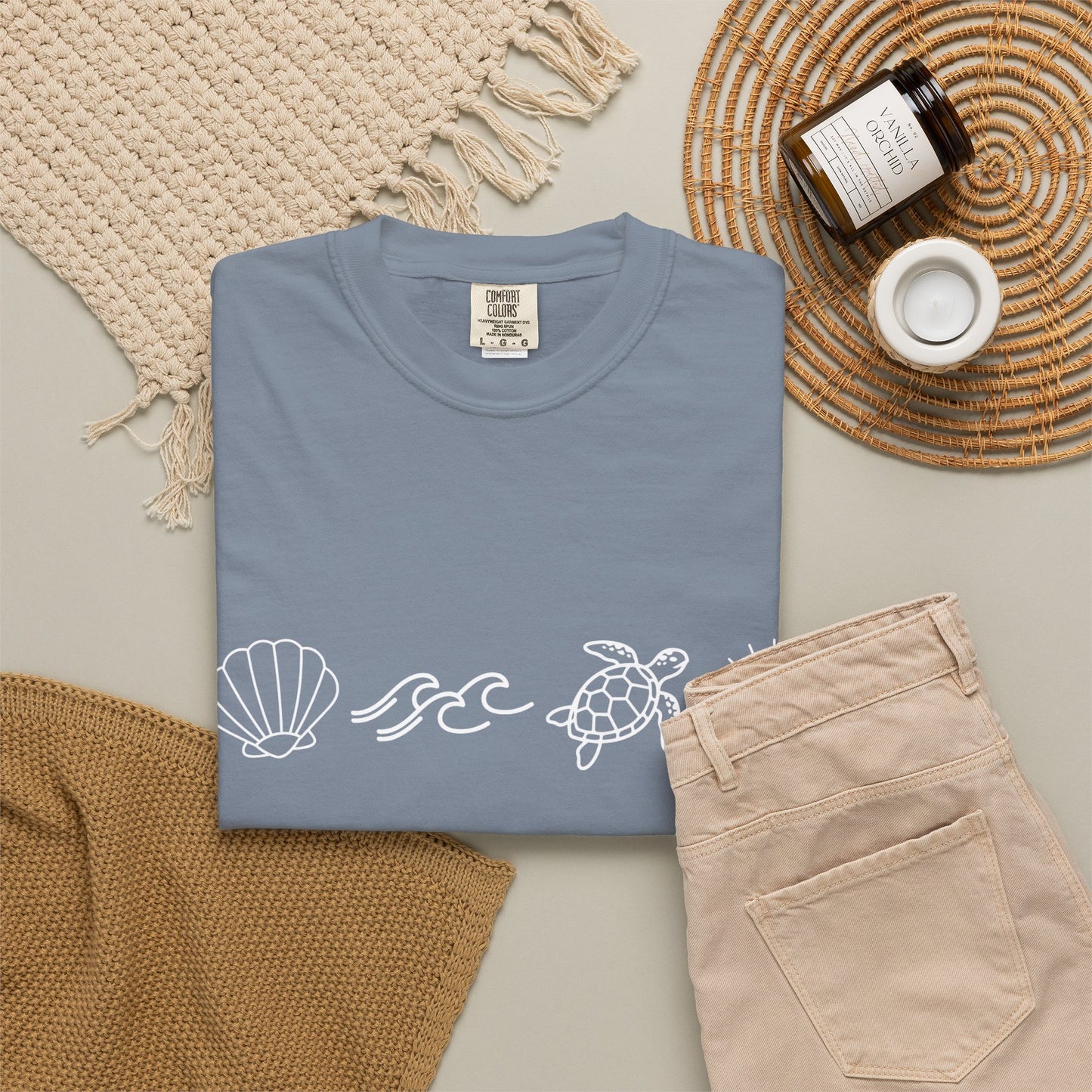 Sea Life Icons T-Shirt — Shell, Waves, Turtle & Sun Graphic Tee