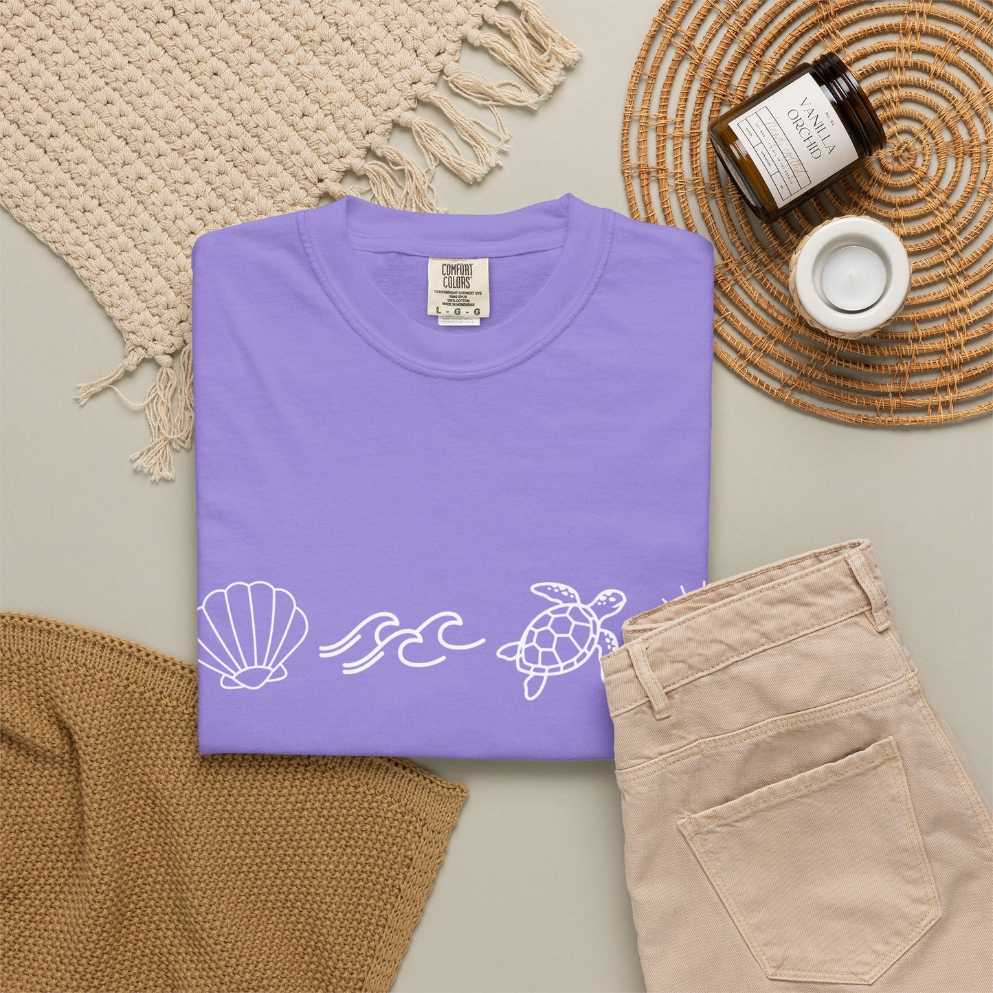 Sea Life Icons T-Shirt — Shell, Waves, Turtle & Sun Graphic Tee
