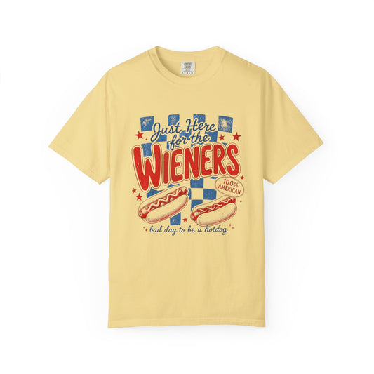 Just Here for the Wieners T-Shirt — Patriotic Hot Dog BBQ Tee