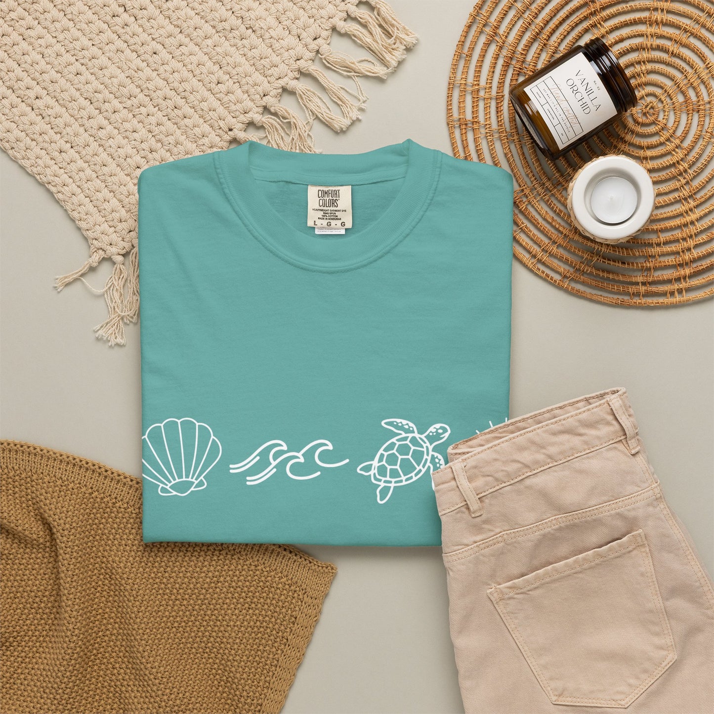 Sea Life Icons T-Shirt — Shell, Waves, Turtle & Sun Graphic Tee