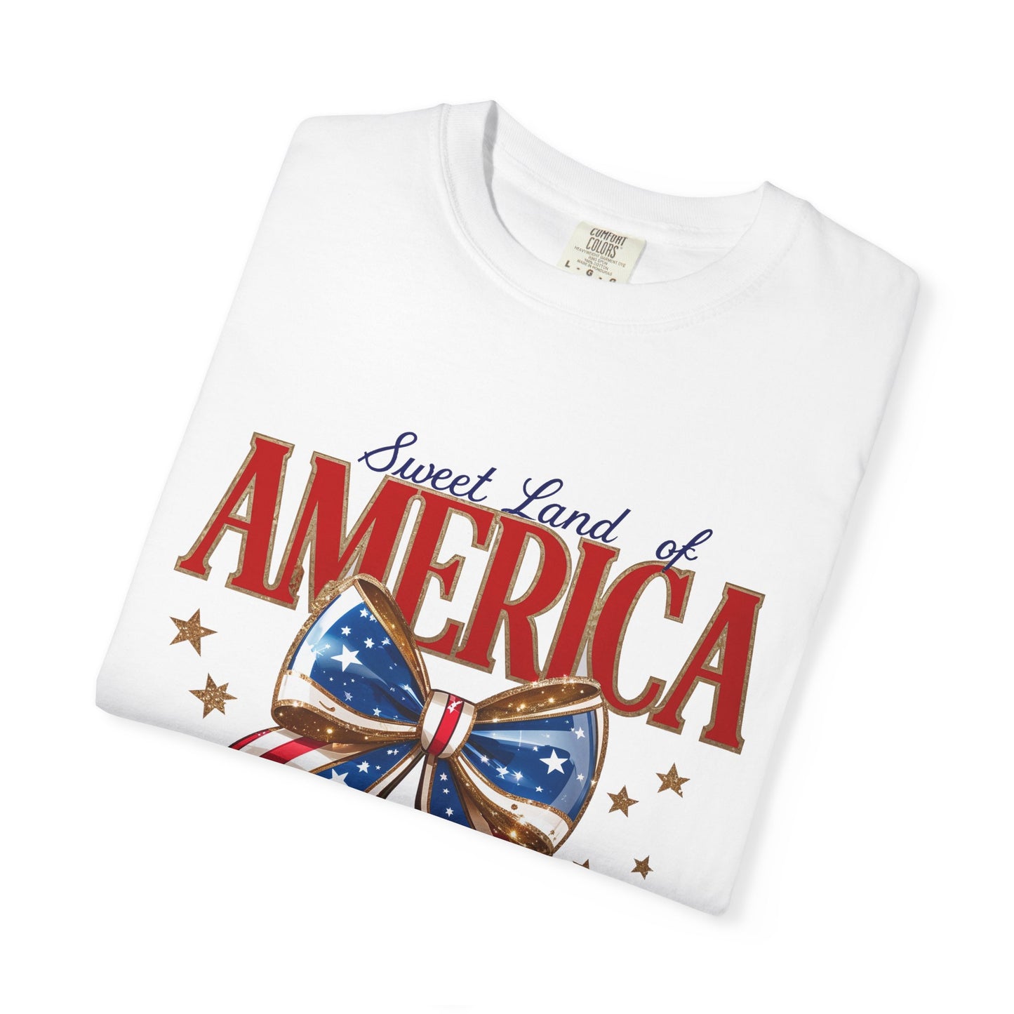 America Cherry Patriotic T-Shirt — "Sweet Land of America" Vintage Bow Design