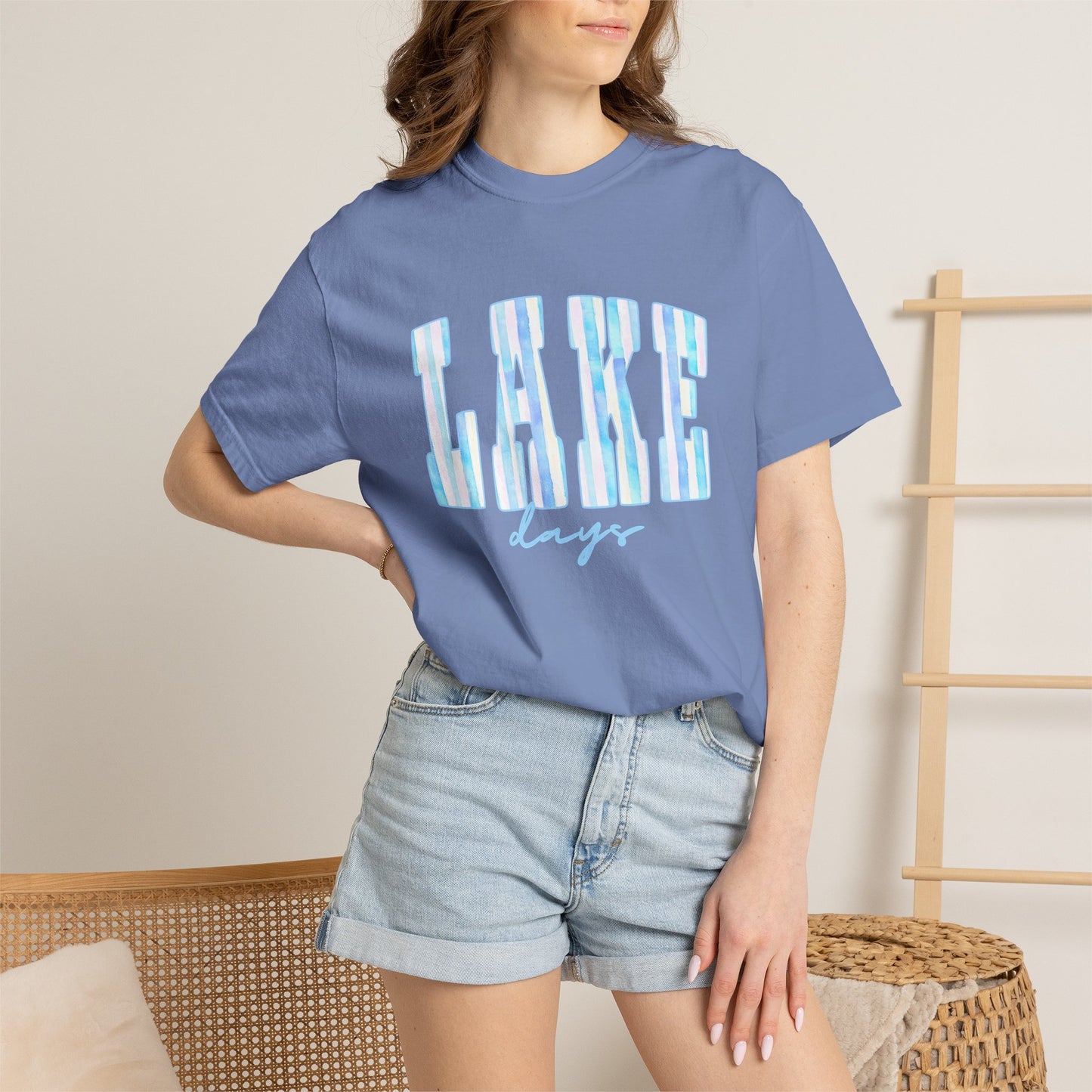 T-Shirt — "Lake Days" Blue Striped Graphic Tee