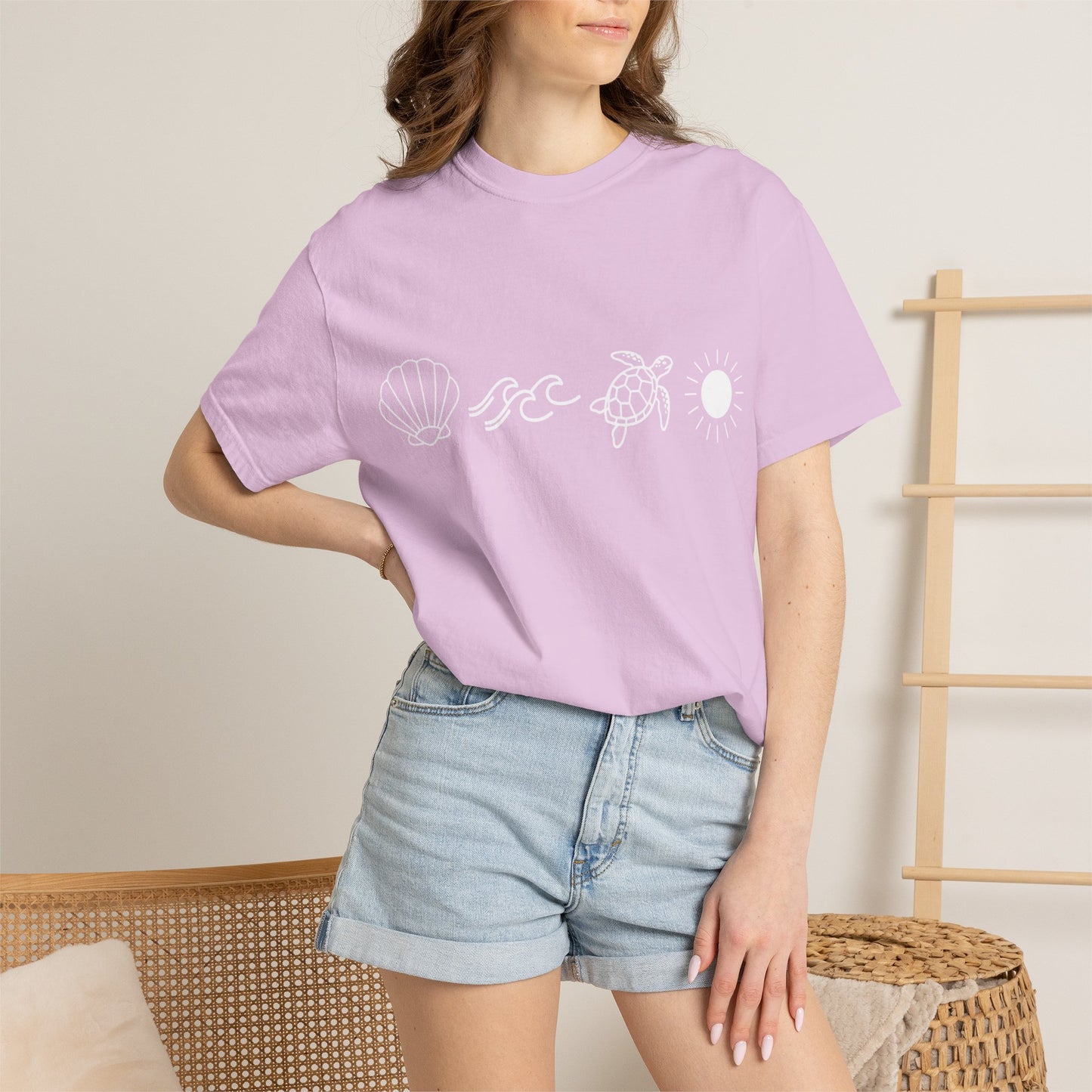 Sea Life Icons T-Shirt — Shell, Waves, Turtle & Sun Graphic Tee