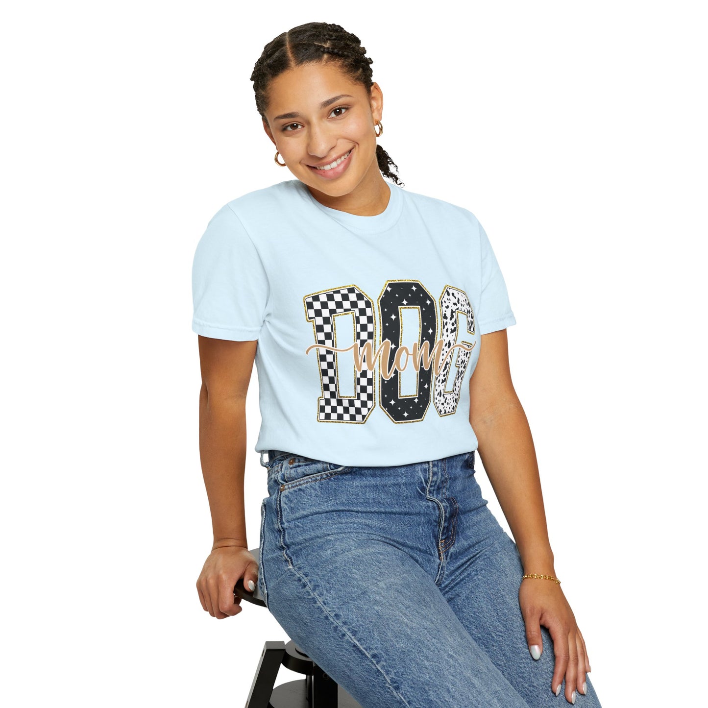 Dog Mom T‑Shirt — Checkerboard & Leopard Lettering Graphic Tee