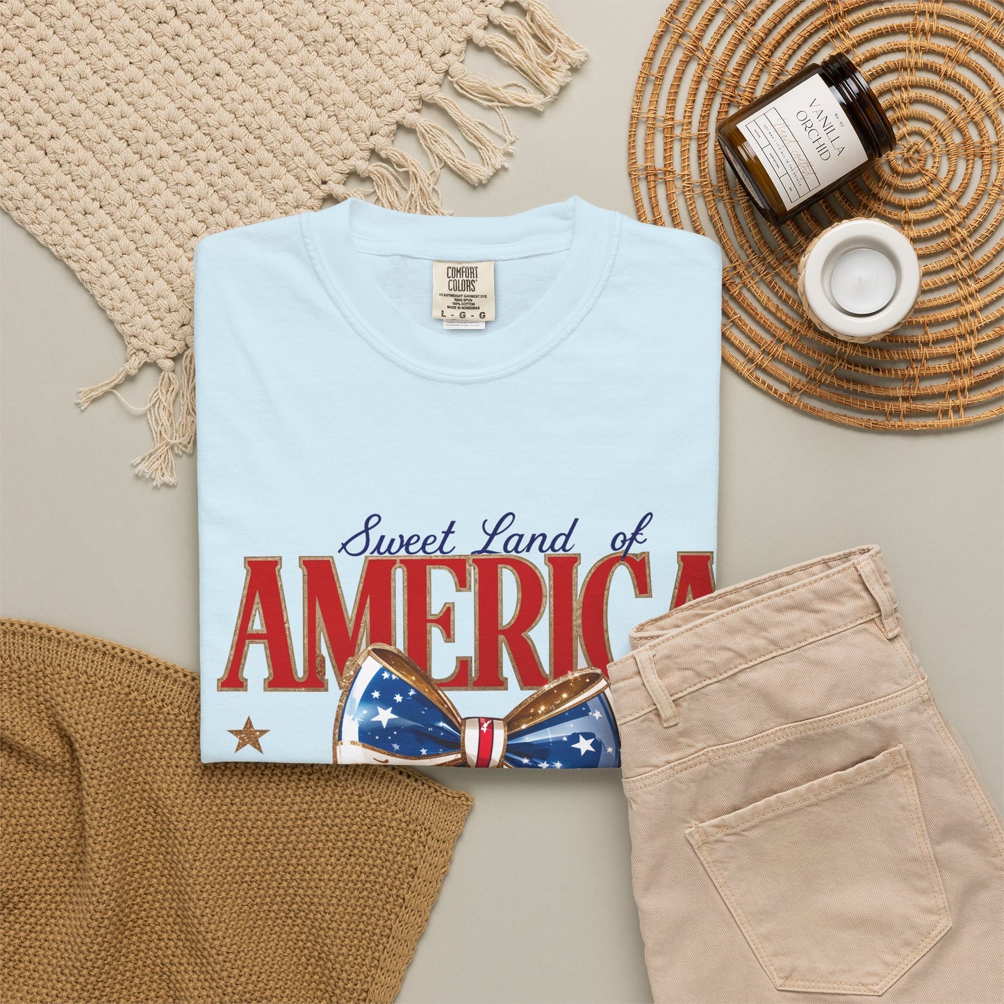 America Cherry Patriotic T-Shirt — "Sweet Land of America" Vintage Bow Design