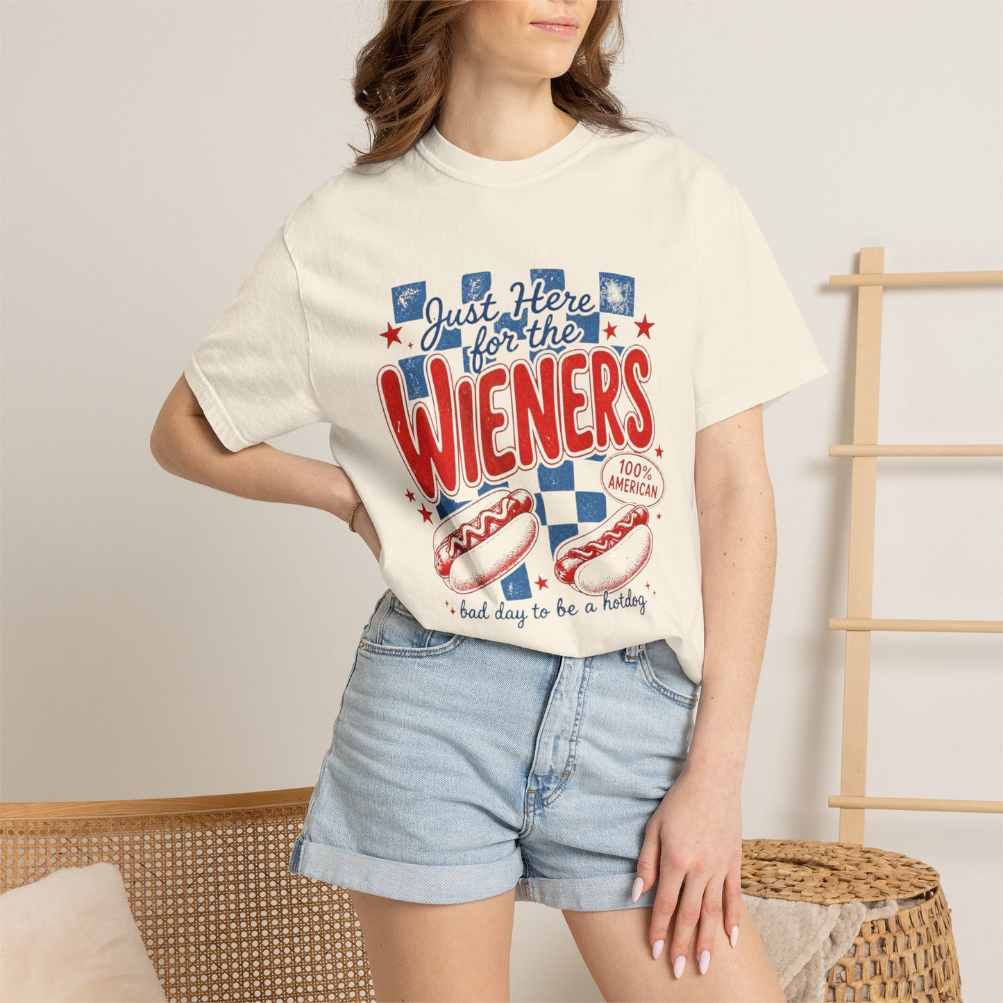 Just Here for the Wieners T-Shirt — Patriotic Hot Dog BBQ Tee